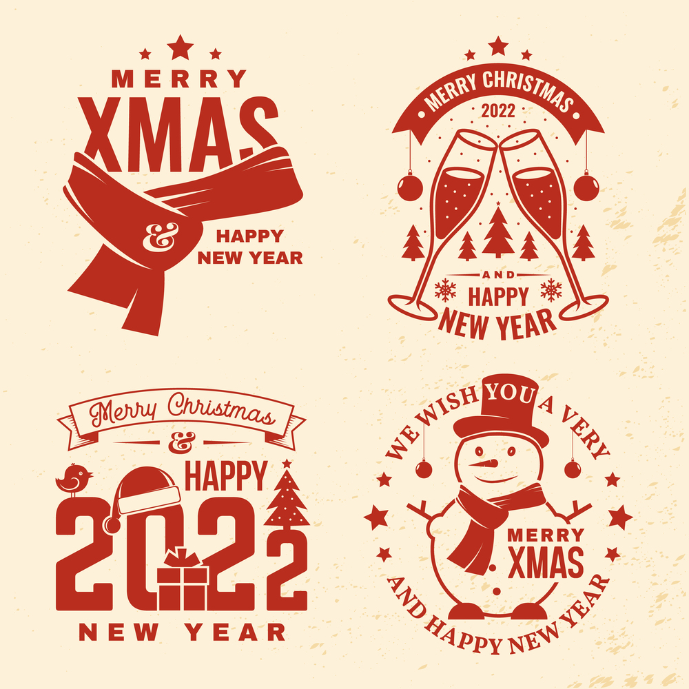 Set of Merry Christmas and Happy New Year stamp, sticker with glasses of champagne, Santa Claus winter scarf, snowman. Vector. Vintage design for xmas, new year emblem. Set of Merry Christmas and Happy New Year stamp, sticker with glasses of champagne, Santa Claus winter scarf, snowman. Vector. Vintage design for xmas, new year emblem.