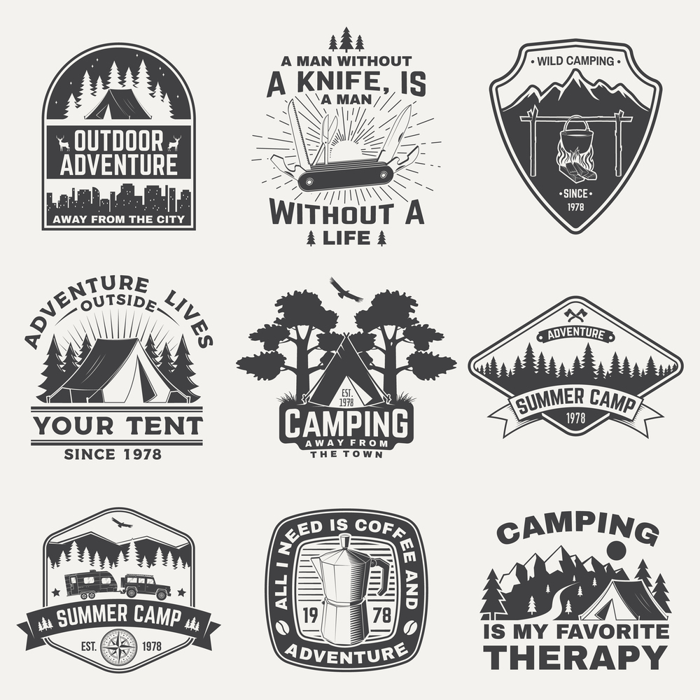 Set of camping badges, patches. Vector. Concept for shirt or logo, print, stamp or tee. Vintage typography design with coffee maker, camping equipment, forest, camper rv and mountain silhouette. Set of camping badges, patches. Vector. Concept for shirt or logo, print, stamp or tee. Vintage typography design with coffee maker, camping equipment, forest, camper rv and mountain silhouette.