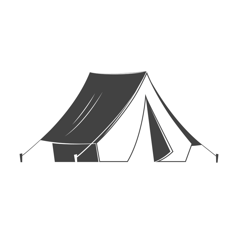 Camping tent silhoutte on white background. Vector illustration. Retro tourist camp tent with a canopy, reinforced with a rope with a peg Equipment for camping, climbing, hiking, traveling. Camping tent silhoutte on white background. Vector illustration. Retro tourist camp tent with a canopy, reinforced with a rope with a peg. Equipment for camping, climbing, hiking, traveling