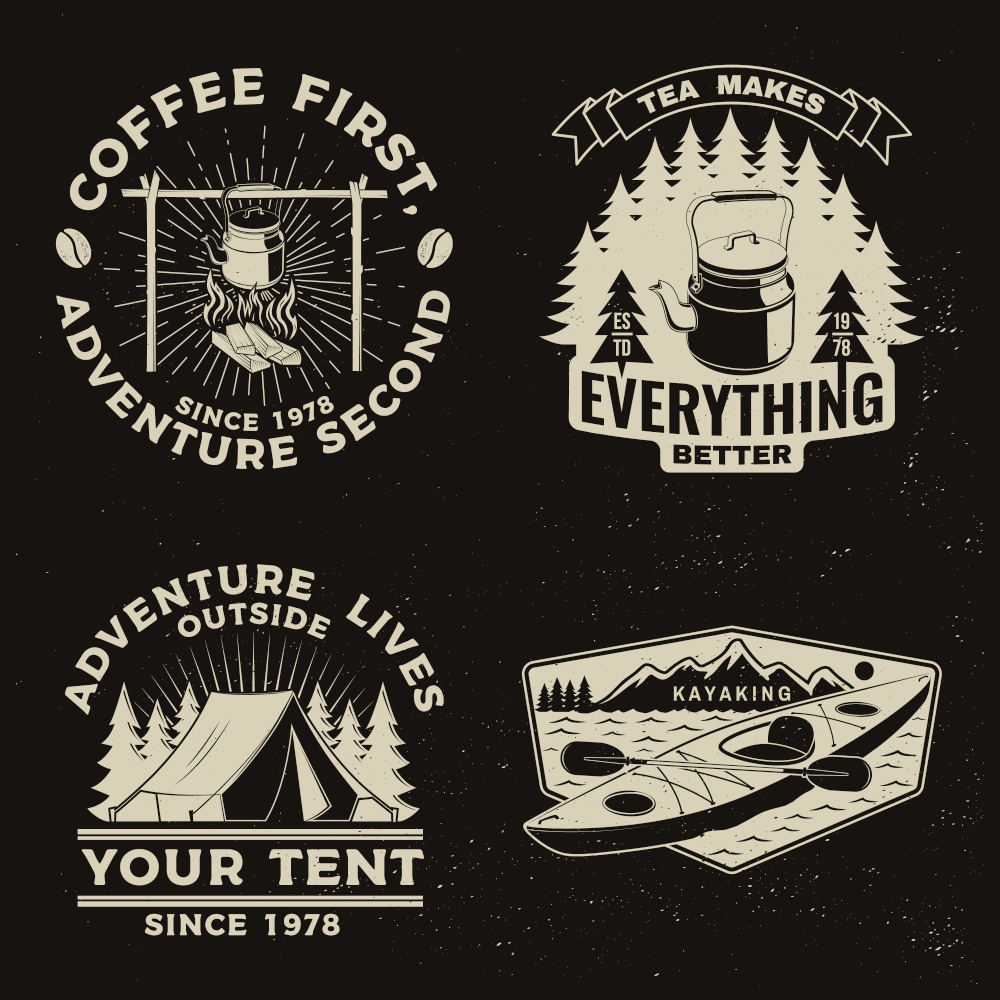 Set of travel inspirational quotes. Vector Concept for shirt or logo, print, stamp or tee. Vintage design with retro camping tea kettle, kayak , camping tent and campfire silhouette Camping quote. Set of travel inspirational quotes. Vector Concept for shirt or logo, print, stamp or tee. Vintage design with retro camping tea kettle, kayak , camping tent and campfire silhouette. Camping quote