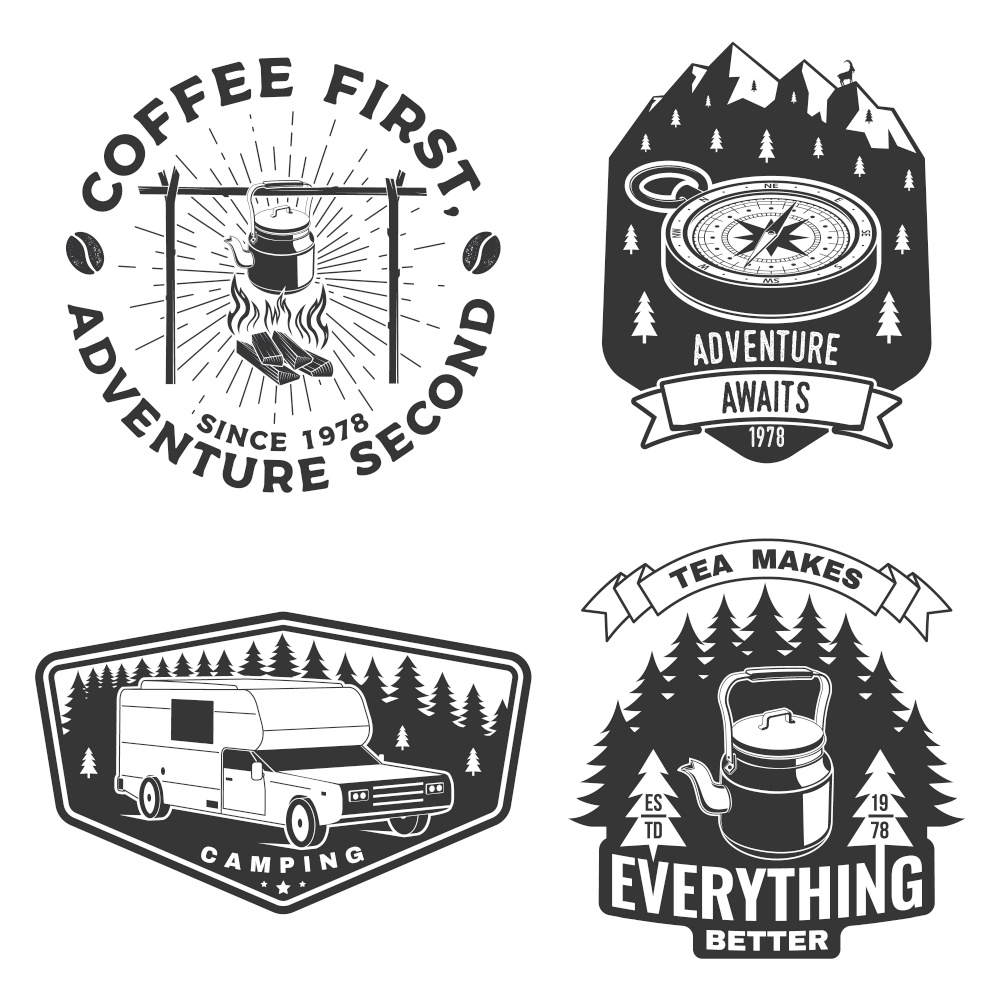 Set of camping badges, patches. Vector illustration Concept for shirt or logo, print, stamp or tee. Vintage typography design with camping equipment, forest, camper rv and mountain silhouette. Set of camping badges, patches. Vector illustration. Concept for shirt or logo, print, stamp or tee. Vintage typography design with camping equipment, forest, camper rv and mountain silhouette