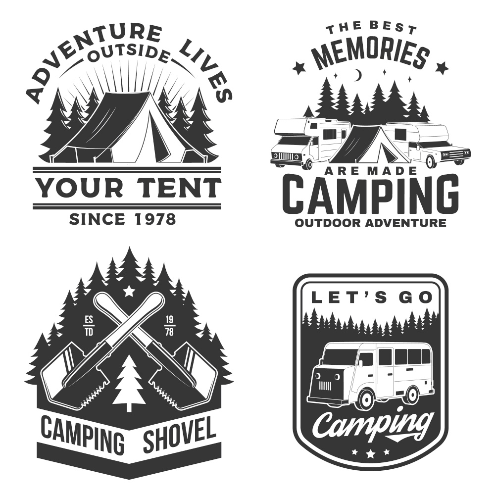 Set of camping badges, patches. Vector illustration. Concept for shirt or logo, print, stamp or tee Vintage typography design with camping equipment, forest, camper rv and mountain silhouette. Set of camping badges, patches. Vector illustration. Concept for shirt or logo, print, stamp or tee. Vintage typography design with camping equipment, forest, camper rv and mountain silhouette