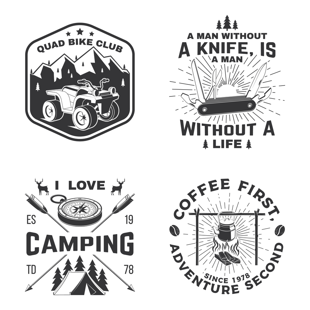 Set of camping badges, patches. Vector illustration Concept for shirt or logo, print, stamp or tee. Vintage typography design with camping equipment, forest, atv and mountain silhouette. Set of camping badges, patches. Vector illustration. Concept for shirt or logo, print, stamp or tee. Vintage typography design with camping equipment, forest, atv nd mountain silhouette