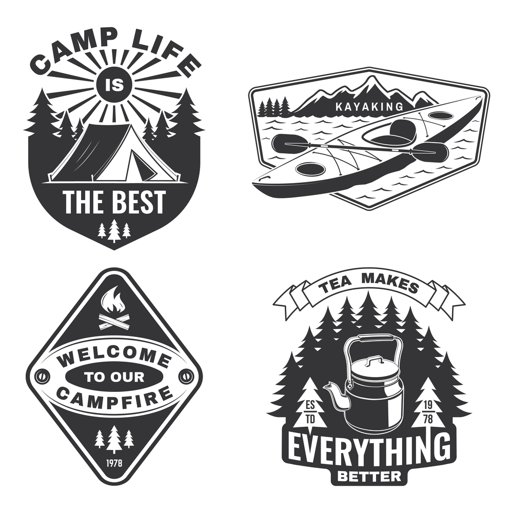 Set of camping badges, patches. Vector illustration Concept for shirt or logo, print, stamp or tee. Vintage typography design with pot on camping fire, kayak, camper tent and mountain silhouette. Set of camping badges, patches. Vector illustration Concept for shirt or logo, print, stamp or tee. Vintage typography design with pot on camping fire, kayak, camper tent and mountain silhouette.