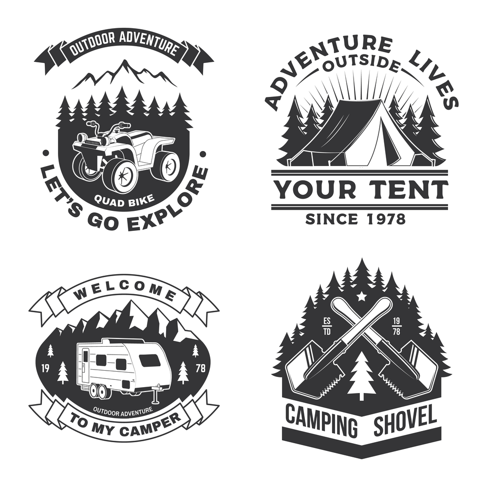 Set of camping badges, patches. Vector illustration Concept for shirt or logo, print, stamp or tee Vintage typography design with camping equipment, forest, camper rv, atv and mountain silhouette. Set of camping badges, patches. Vector illustration. Concept for shirt or logo, print, stamp or tee Vintage typography design with camping equipment, forest, camper rv, atv and mountain silhouette