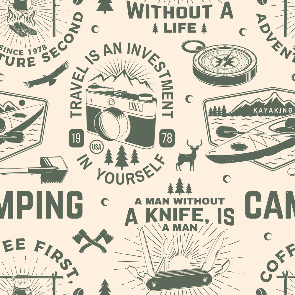 Summer camp seamless pattern or background. Vector. Seamless scene with photo camera, kayak , mountain, pocket knife and forest silhouette. Outdoor adventure background for wallpaper or wrapper. Summer camp seamless pattern or background. Vector. Seamless scene with photo camera, kayak , mountain, pocket knife and forest silhouette. Outdoor adventure background for wallpaper or wrapper.
