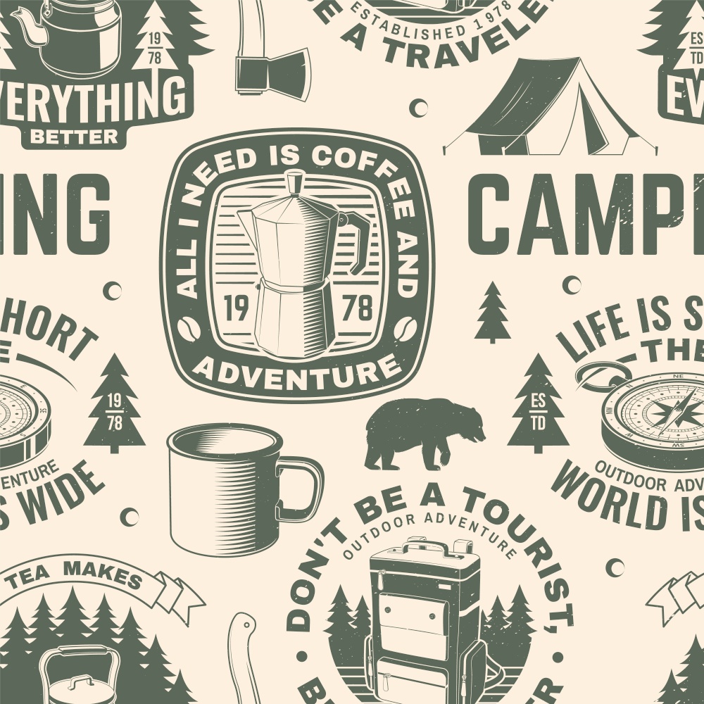 Summer camp seamless pattern or background. Vector. Seamless scene with metallic coffee maker , backpack, mug, camping tent, compass silhouette. Outdoor adventure background for wallpaper or wrapper. Summer camp seamless pattern or background. Vector. Seamless scene with metallic coffee maker , backpack, mug, camping tent, compass silhouette. Outdoor adventure background for wallpaper or wrapper.