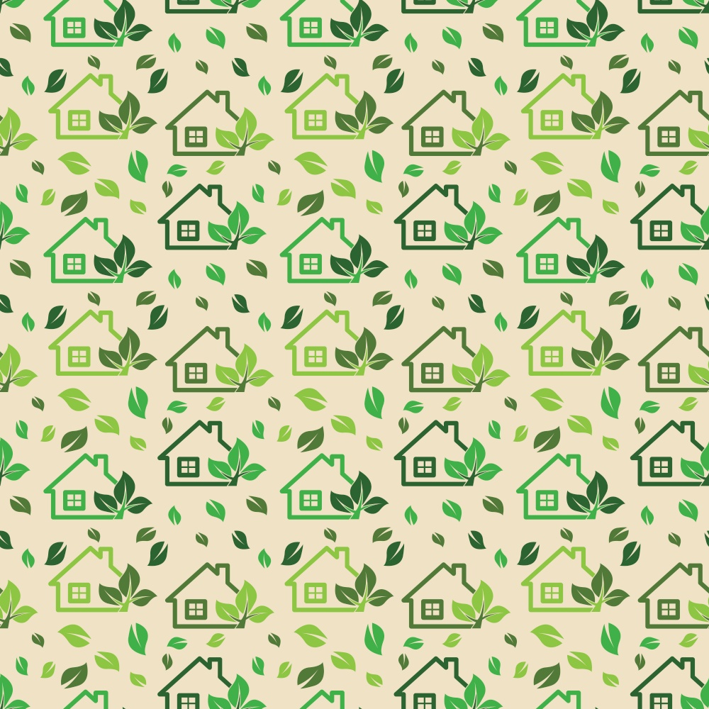 Green eco background made of small ecology green houses and trees - vector seamless pattern.