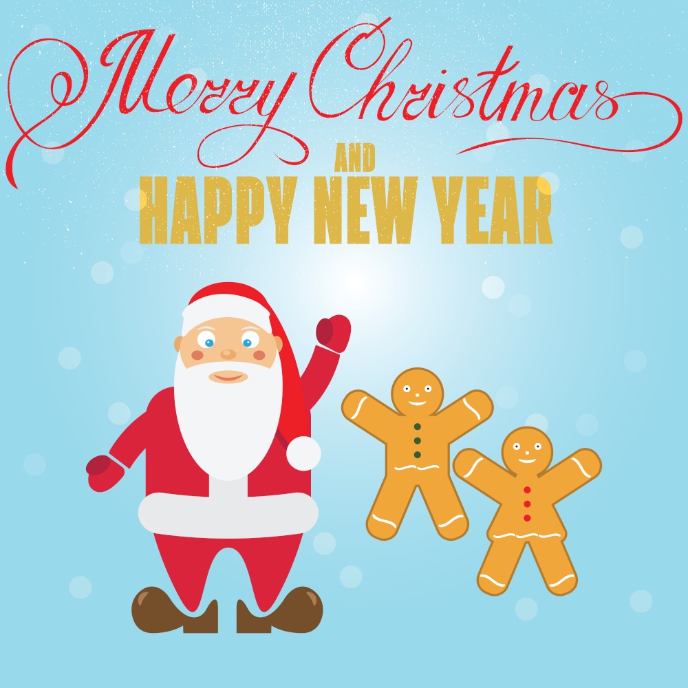 Gingerbread cookies and  Santa Claus. Christmas greeting card. Vector illustration.
