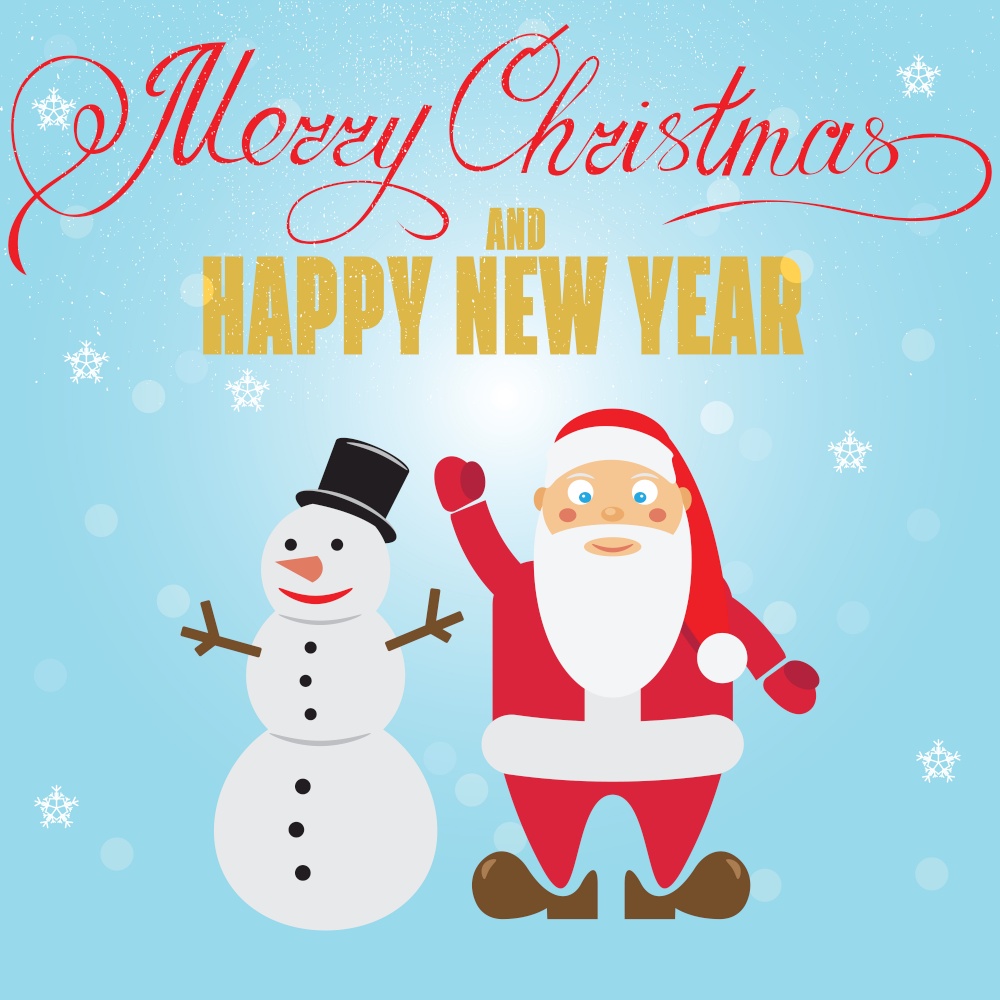Christmas poster with Santa Claus and a snowman. Christmas card. Vector illustration.