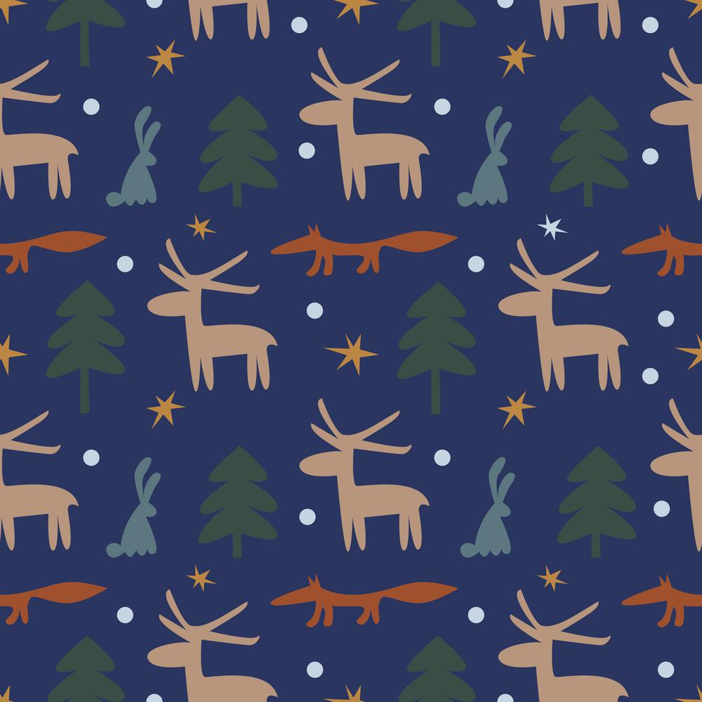 Cartoon white silhouettes of animals, trees and stars on a blue background. Seamless pattern. Vector illustration.