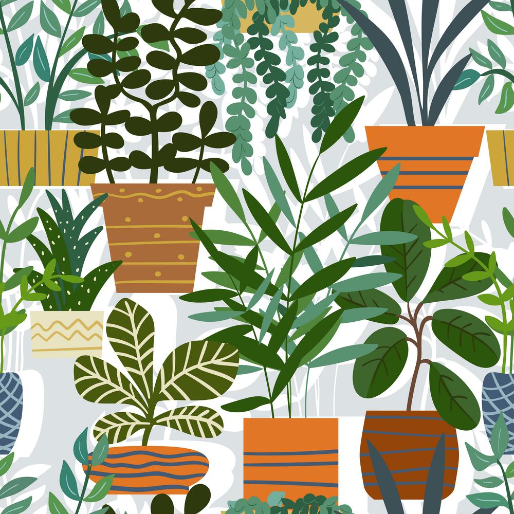 Seamless colorful pattern with potted houseplants. Vector illustration.