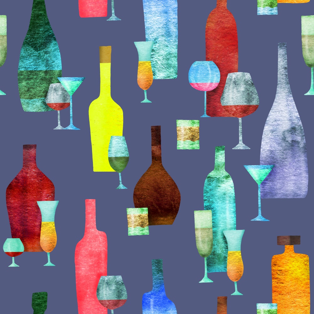 Colorful abstract bottles of alcohol on a blue background. Seamless pattern