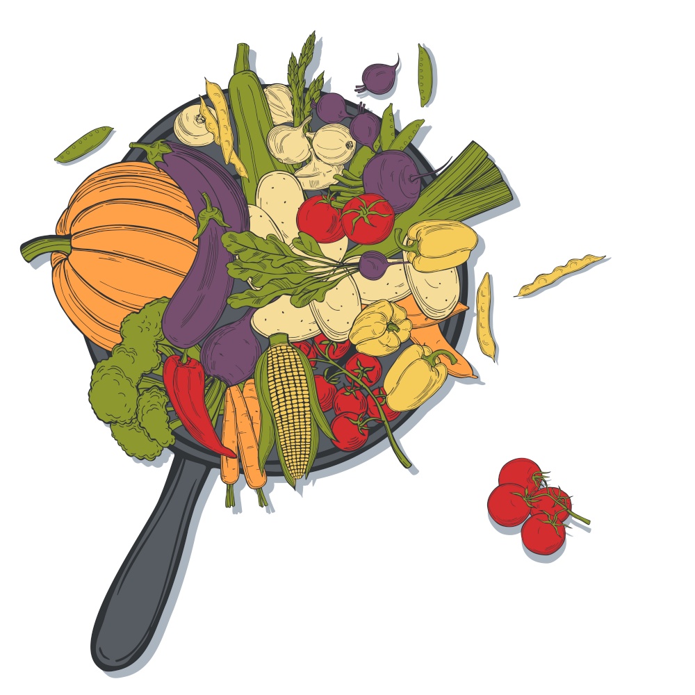 Hand drawn vegetables in a pan on white background. Vector sketch  illustration. . Sketch vegetables. Vector  illustration