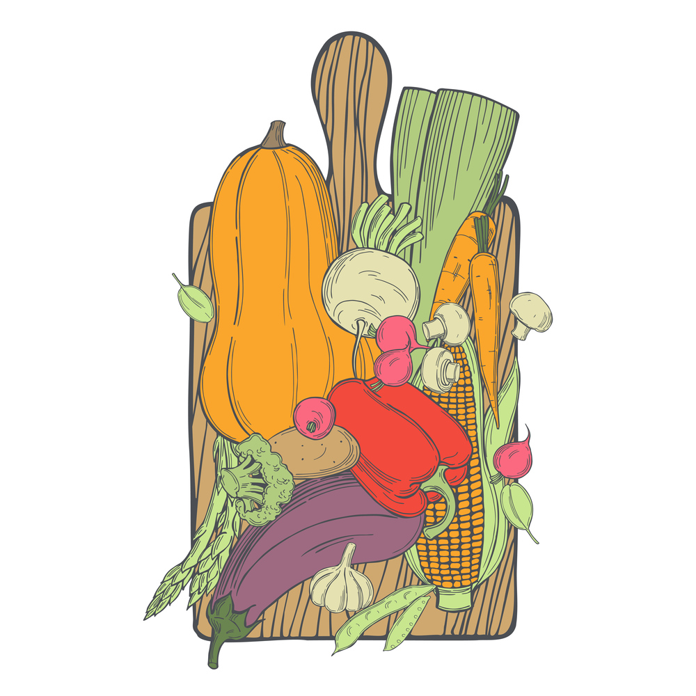 Hand drawn vegetables on cutting board. Vector sketch  illustration. . Sketch vegetables. Vector  illustration