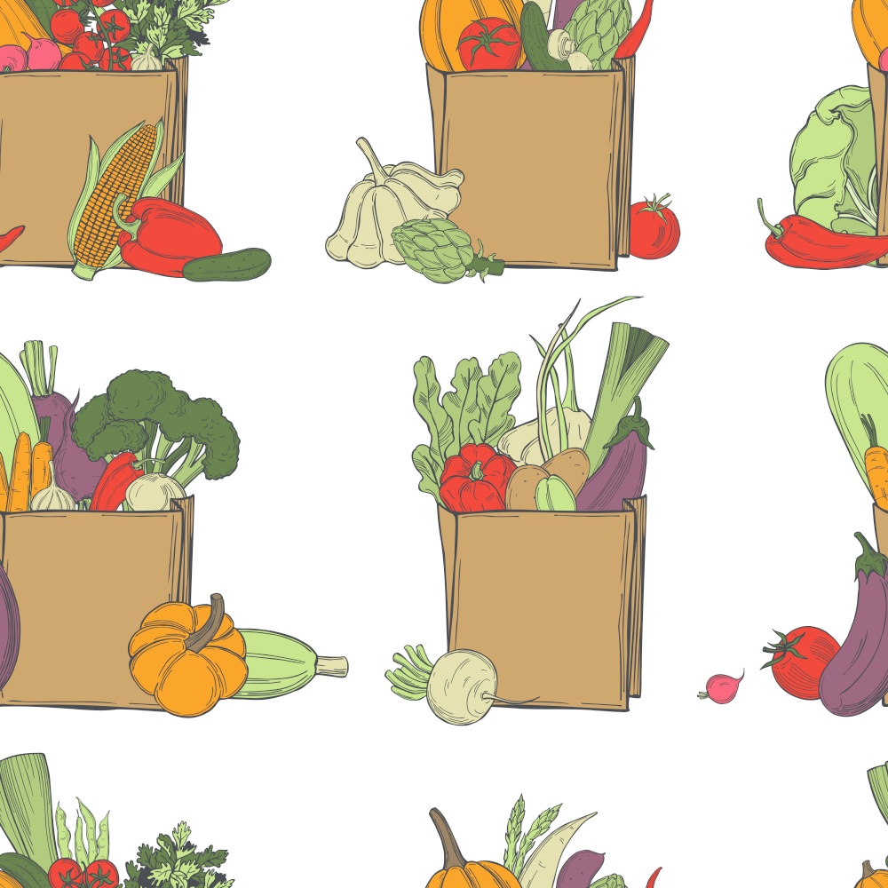 Hand drawn vegetables in  paper bag on white background. Vector seamless pattern.. Sketch vegetables. Vector  pattern.