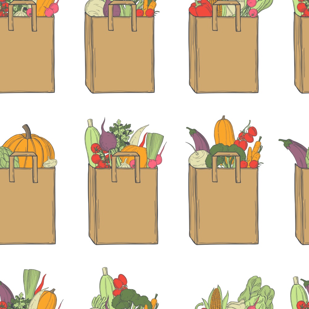 Hand drawn vegetables in  paper bag on white background. Vector seamless pattern.. Sketch vegetables. Vector  pattern.