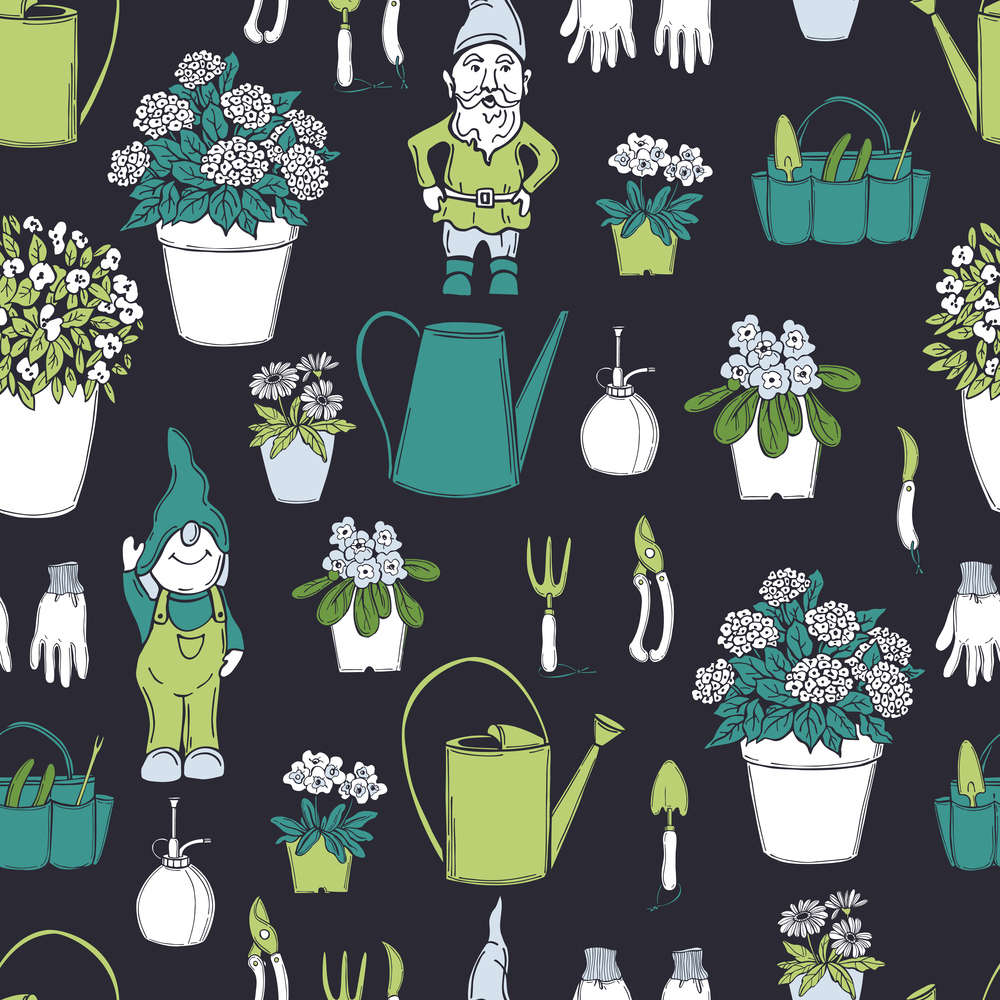Hand drawn garden flowers and gnomes. Vector  seamless pattern. . Garden flowers. Vector pattern.