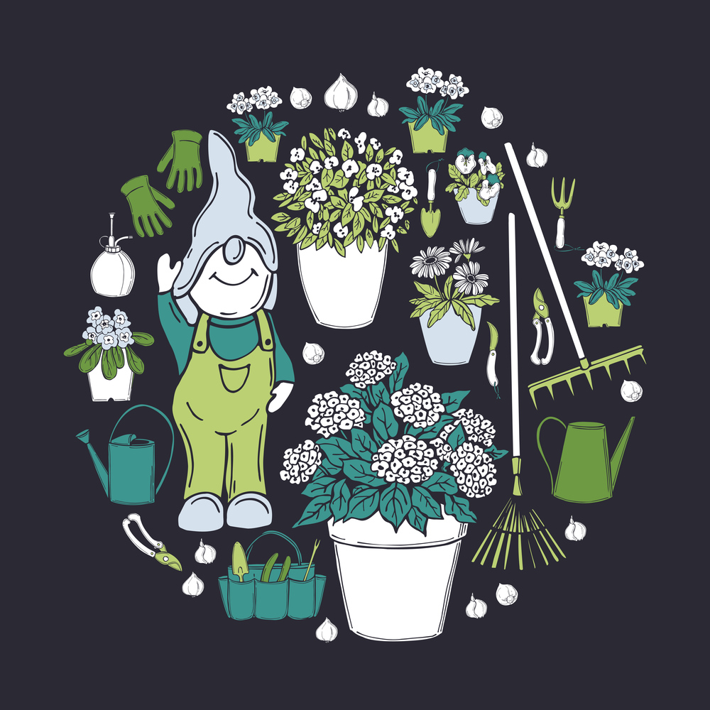 Hand drawn garden tools, flowers and gnome in a circle.  Vector sketch  illustration.. Garden tools, flowers and gnome in a circle.