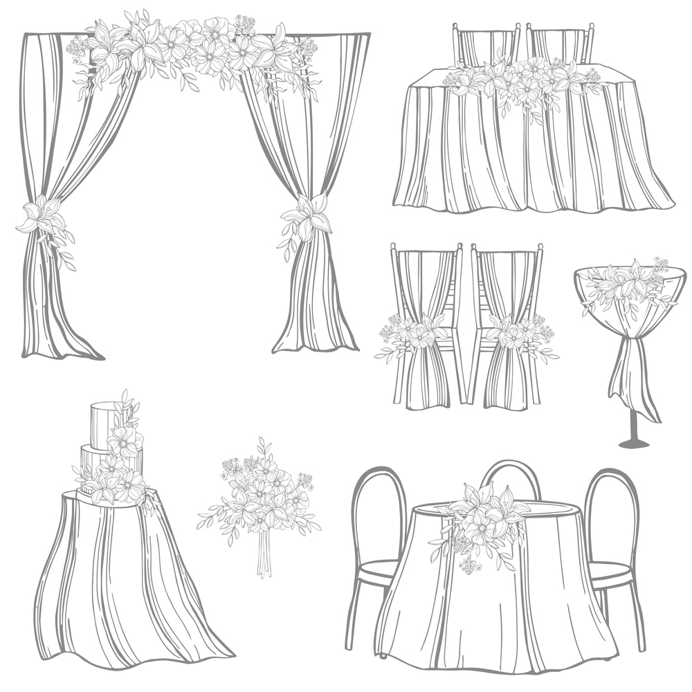 Hand drawn wedding set. Flowers, cakes, arches, decoration for tables,  bridal bouquet. Vector sketch  illustration.. Wedding set. Vector illustration.