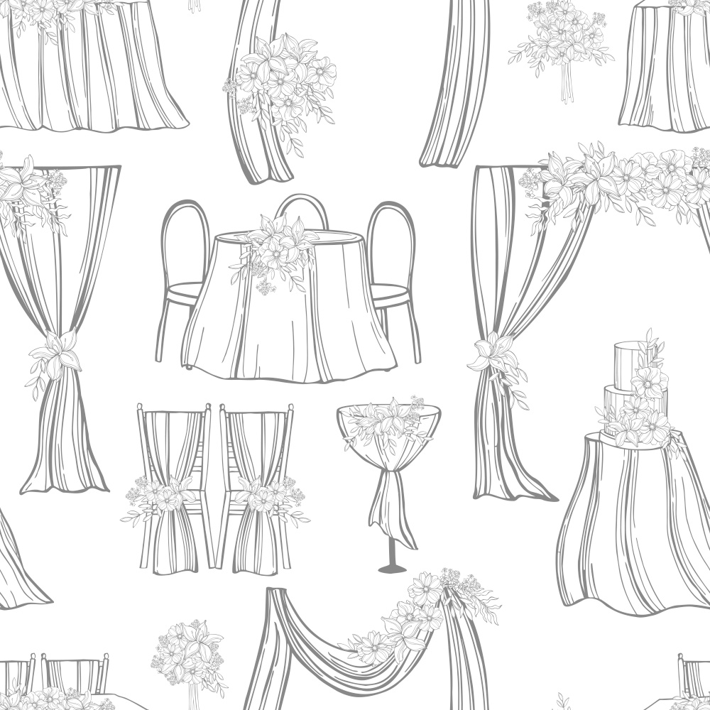 Hand drawn wedding set. Flowers, cakes, arches, decoration for tables,  bridal bouquet. Vector  seamless pattern. .  Wedding set. Vector   pattern.