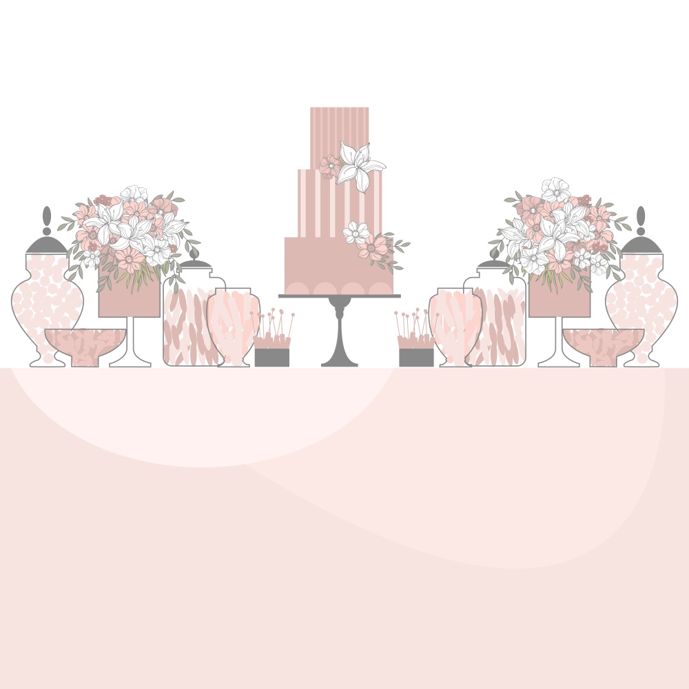 Wedding candy bar with cake and flowers. Dessert table.  Vector illustration.. Wedding dessert bar with cake.  Vector illustration.