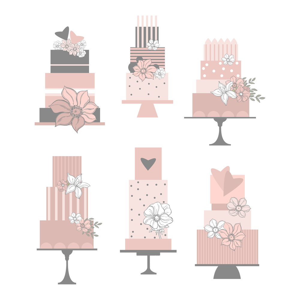Wedding pink cakes with flowers.  Vector illustration.. Wedding cakes.  Vector illustration.