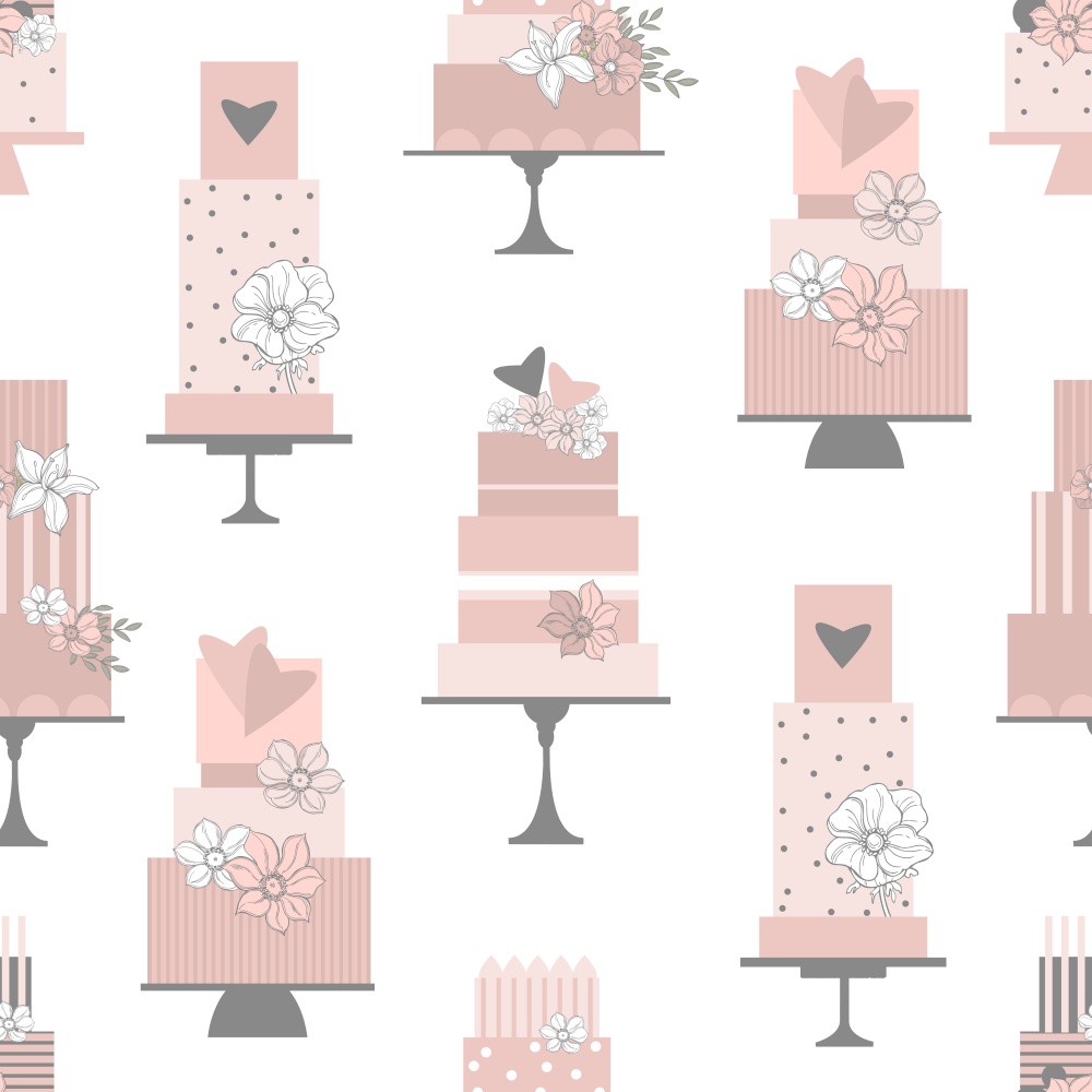 Wedding cakes with flowers.  Vector  seamless pattern. . Wedding cakes.  Vector pattern.