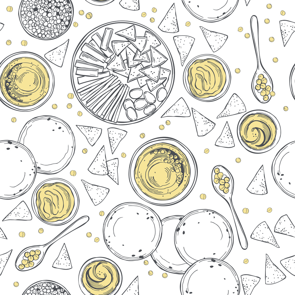 Hand drawn hummus cooking and ingredients for hummus. Middle eastern cuisine. Mediterranean food.  Vector  seamless pattern. . Hummus cooking and ingredients for hummus.   Vector  pattern.