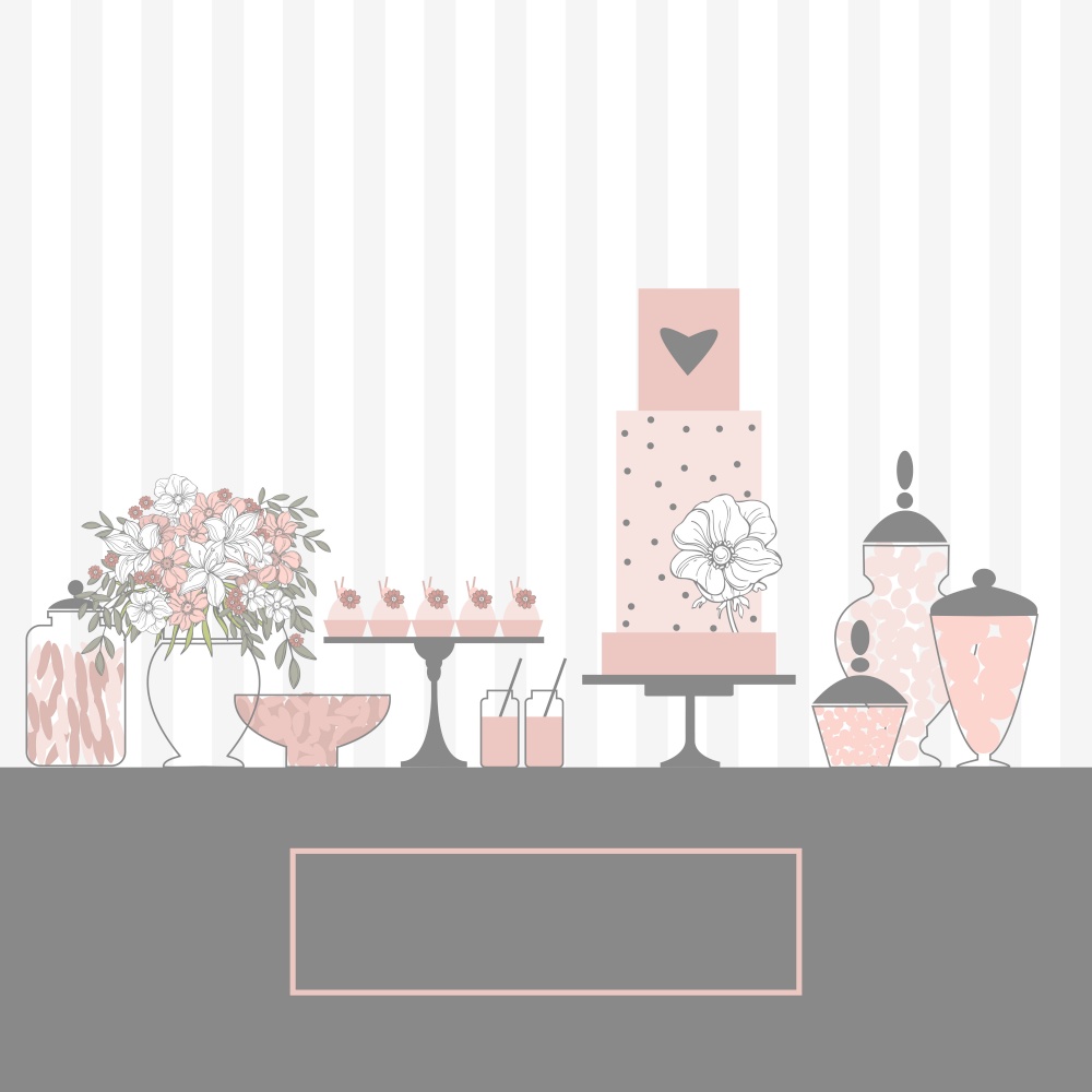 Wedding candy bar with cake and flowers. Dessert table.  Vector illustration.. Wedding dessert bar with cake.  Vector illustration.