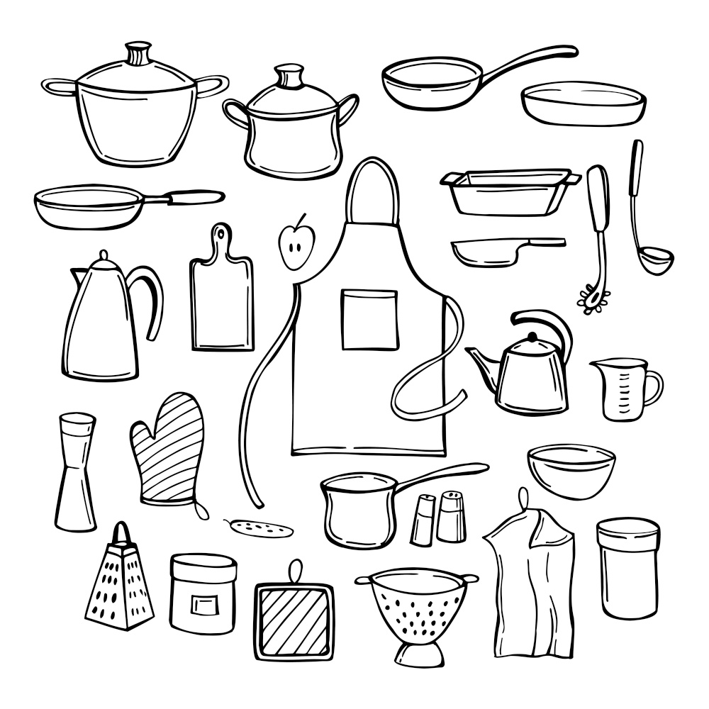 Hand drawn kitchenware. Vector sketch  illustration.. Kitchenware. Vector   illustration.
