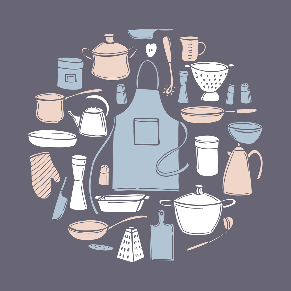 Hand drawn kitchenware. Vector sketch  illustration.. Kitchenware. Vector   illustration.
