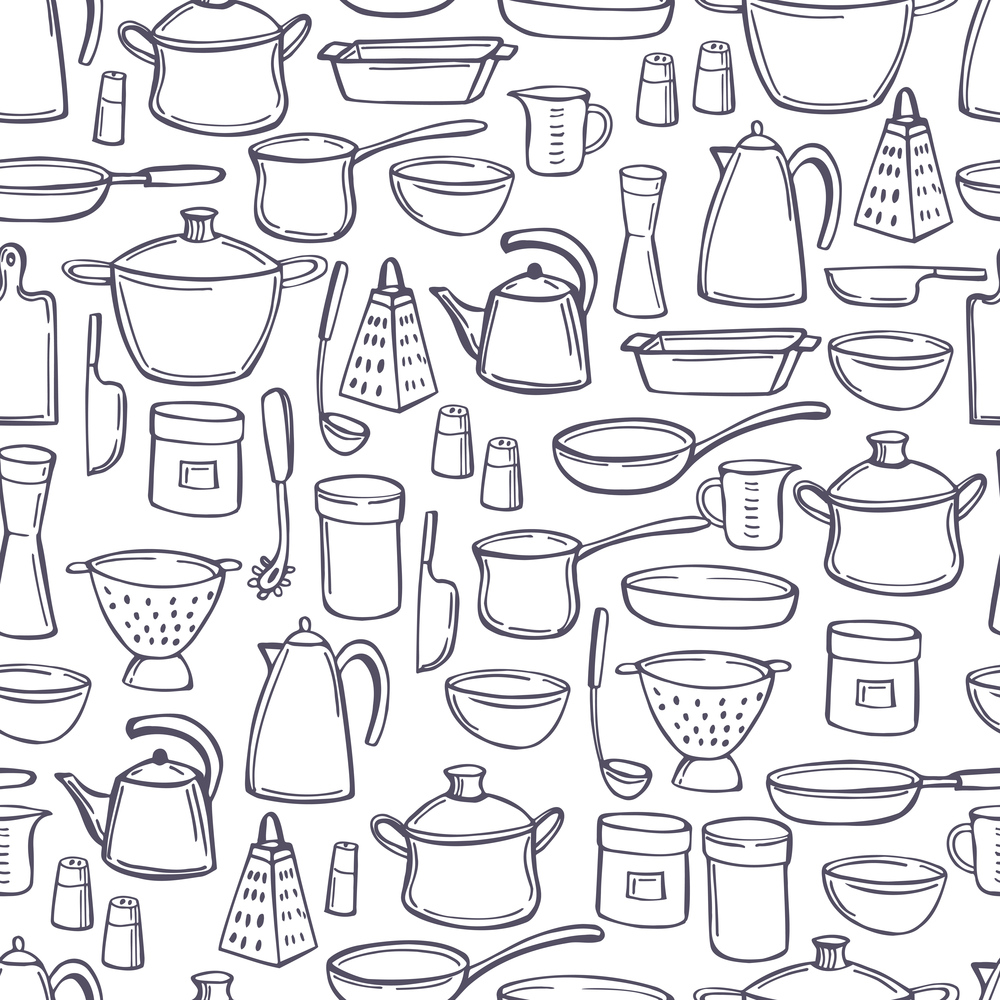 Hand drawn kitchenware. Vector  seamless pattern. Kitchenware. Vector  pattern