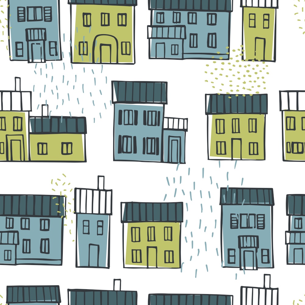 Hand drawn cute  houses.  Vector  seamless pattern.. Vector pattern with  houses.