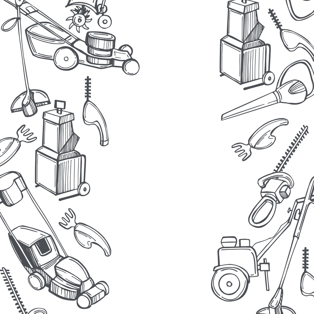 Hand drawn electric garden equipment . Vector background. Sketch  illustration.. Electric garden equipment . Vector background.