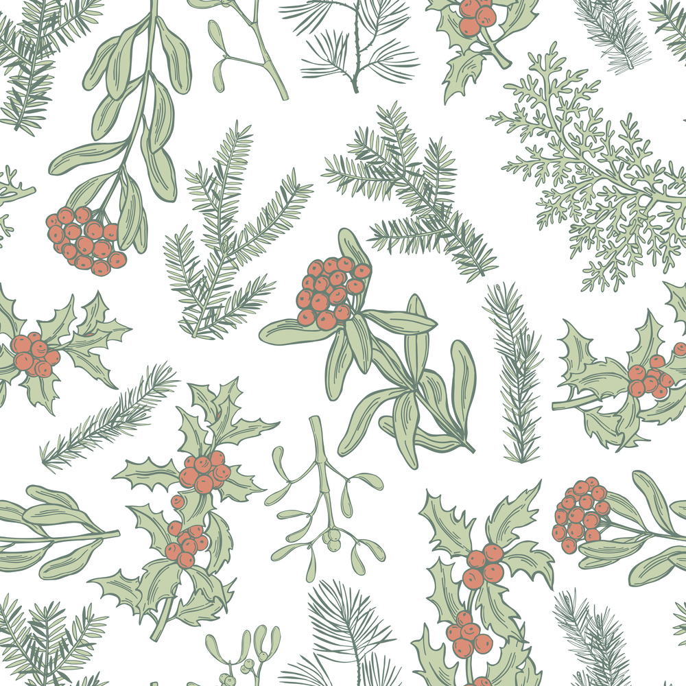 Vector  seamless pattern with hand drawn Christmas plants. Christmas plants. Vector   pattern