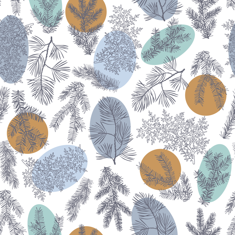 Vector  seamless pattern with hand drawn branches and cones of coniferous trees. Christmas plants. . Vector   pattern with Christmas plants