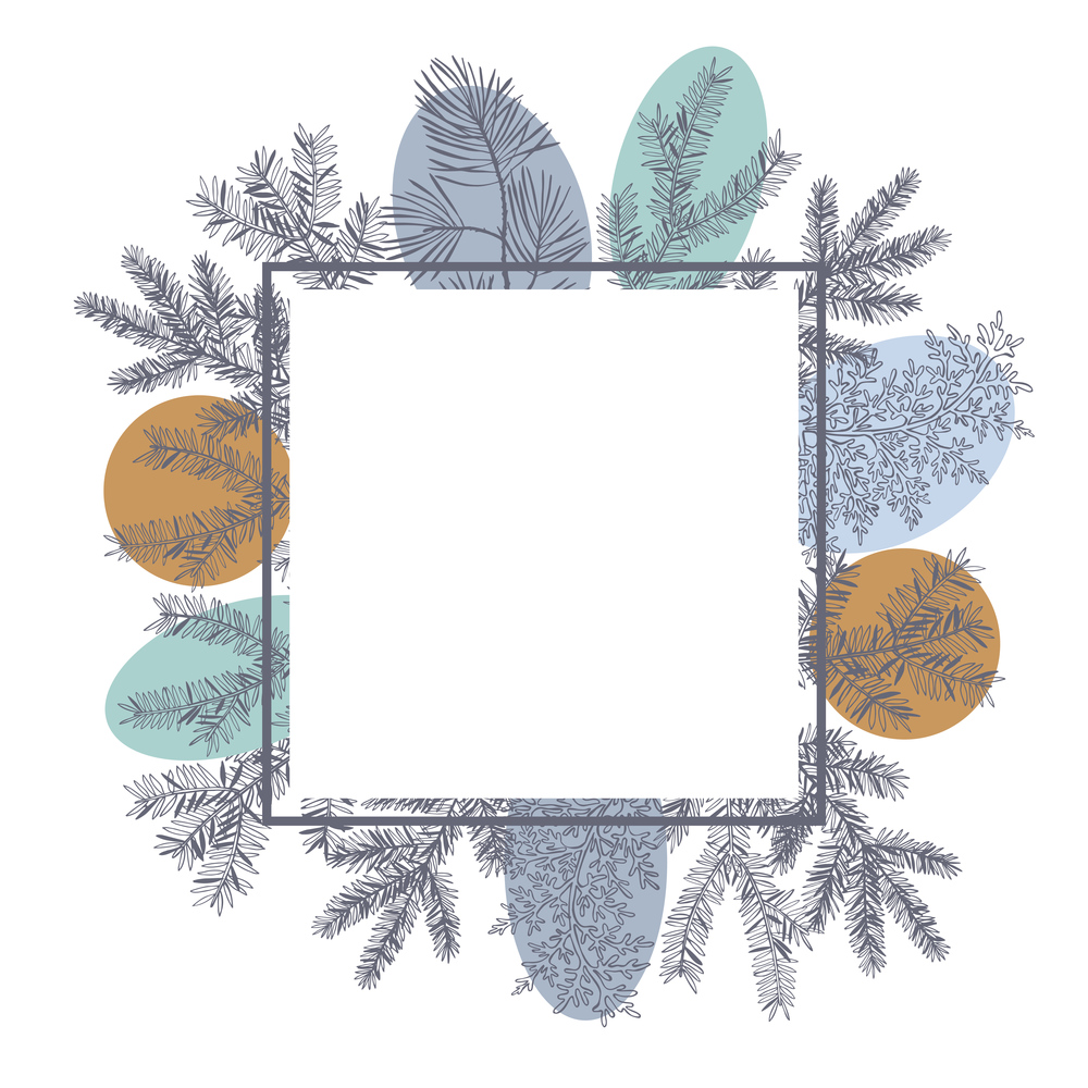 Vector frame with hand drawn branches and cones of coniferous trees. Christmas plants. . Christmas plants . Vector frame