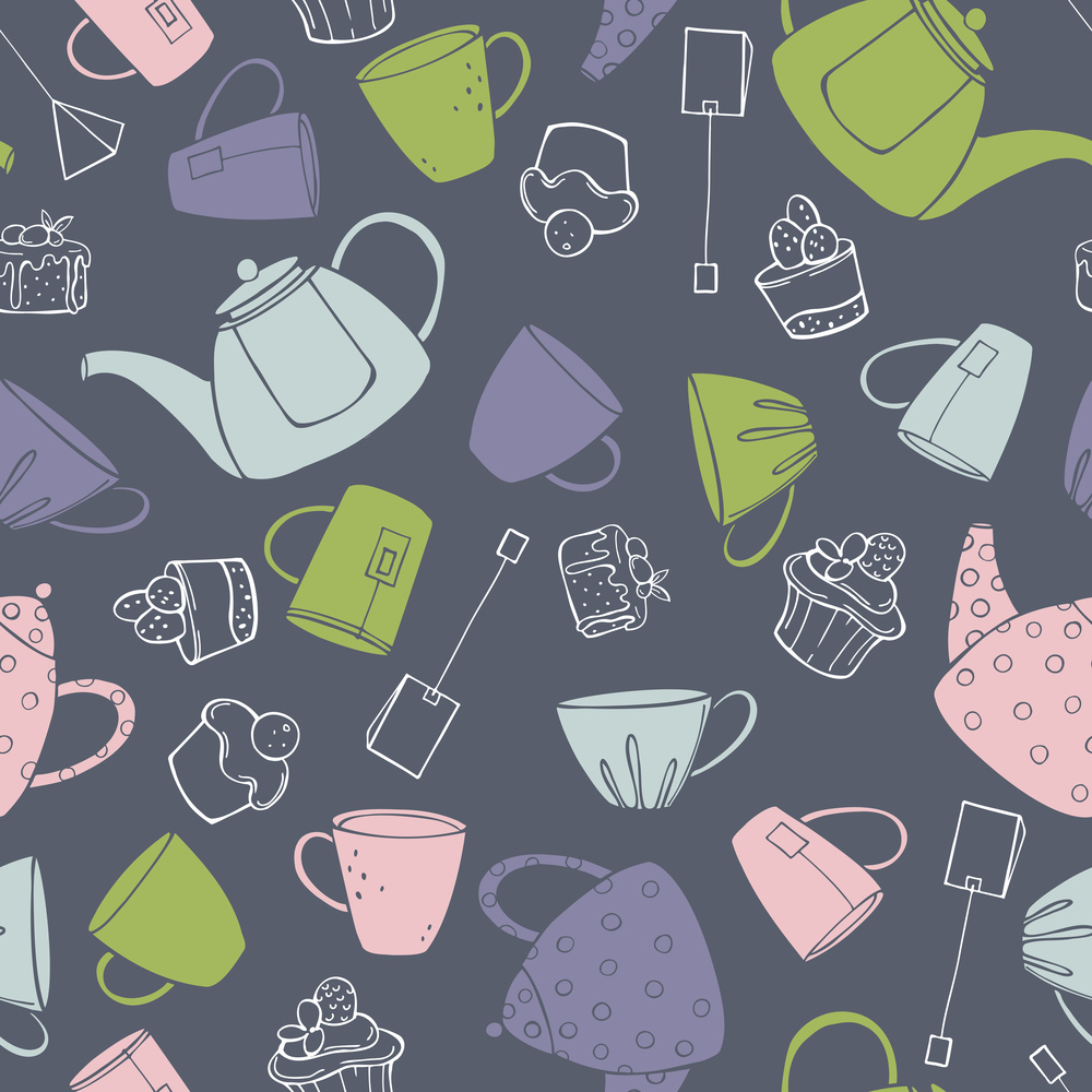 Hand drawn teapots , cups and cakes.  Vector  seamless pattern. . Teapots and cups. Vector   pattern.