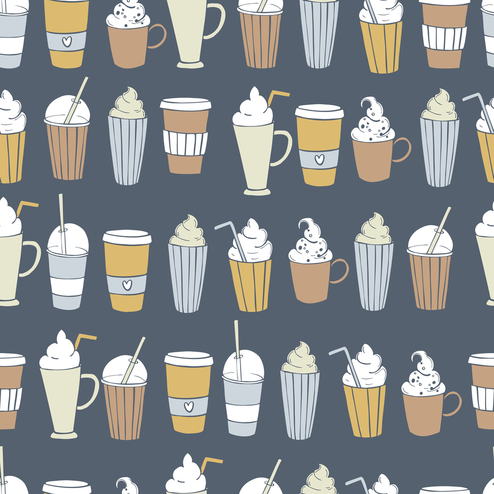Coffee shop drinks. Coffee and  cocktails.  Vector  seamless pattern. . Coffee shop drinks. Vector   pattern.