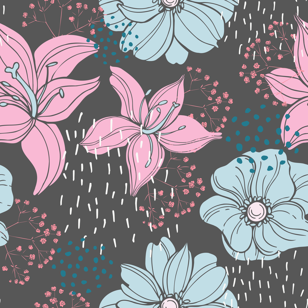 Seamless vector pattern  with hand drawn lilies.. Floral pattern with lilies.