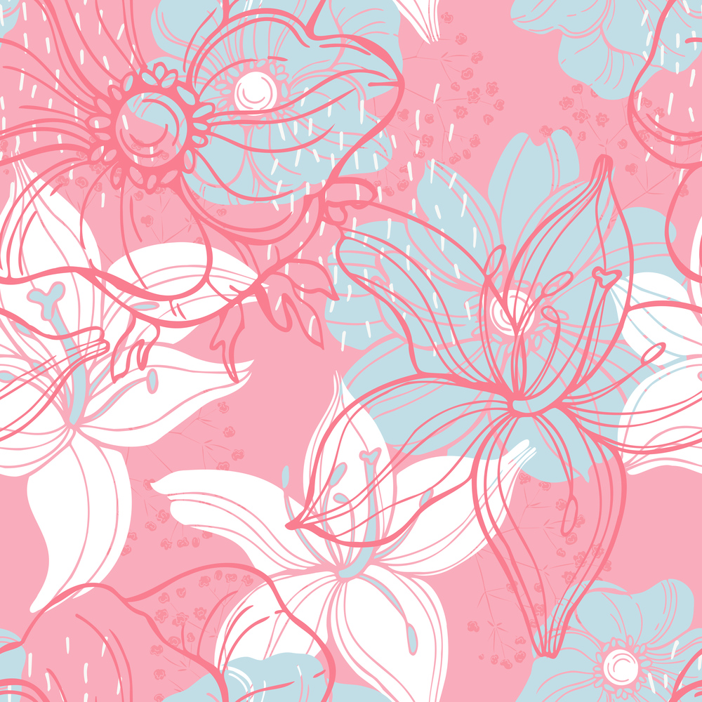 Seamless vector pattern  with hand drawn lilies.. Floral pattern with lilies.