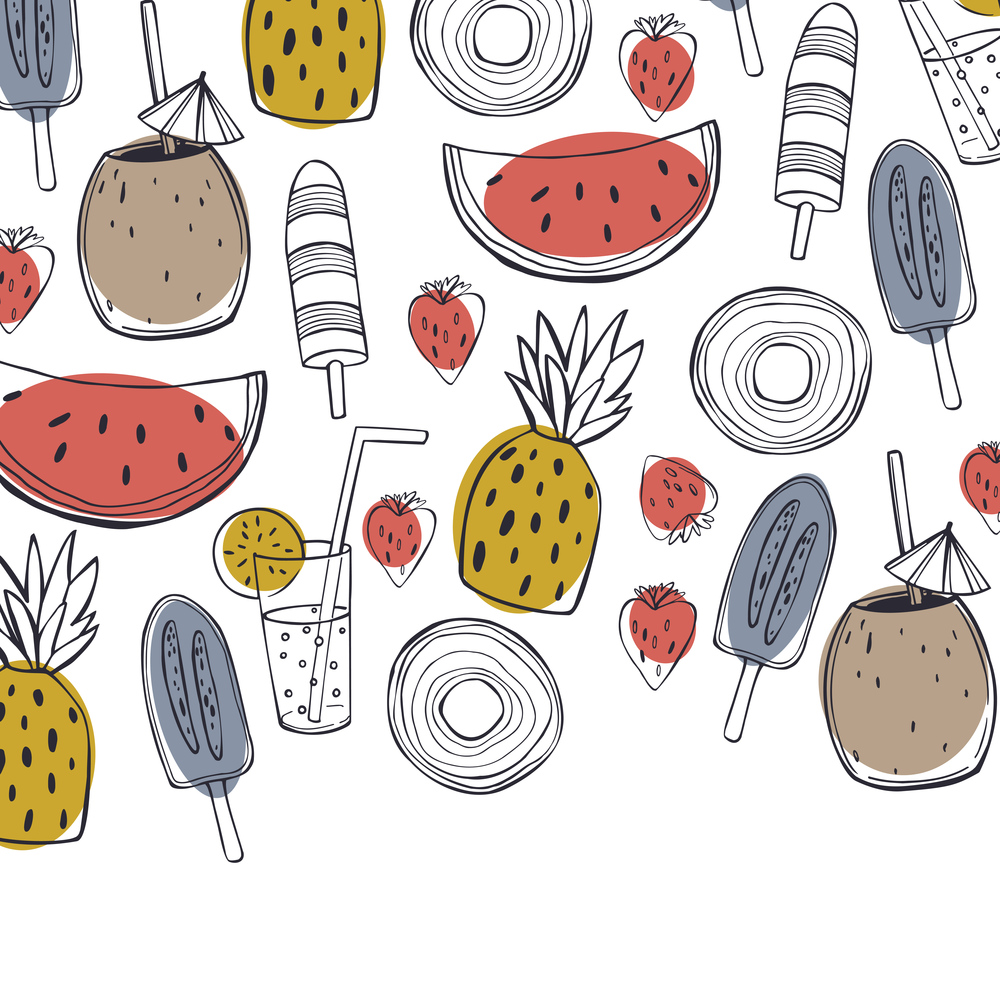 Hand drawn summer food and drinks. Lemonade, watermelon, pineapple and ice cream. Vector  background. Sketch  illustration.. Summer food and drinks. Vector   illustration.