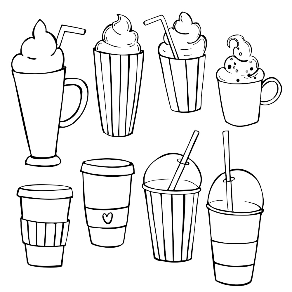 Coffee shop drinks. Coffee, cocktails and tea.Vector sketch  illustration.. Coffee shop drinks.Vector  illustration.