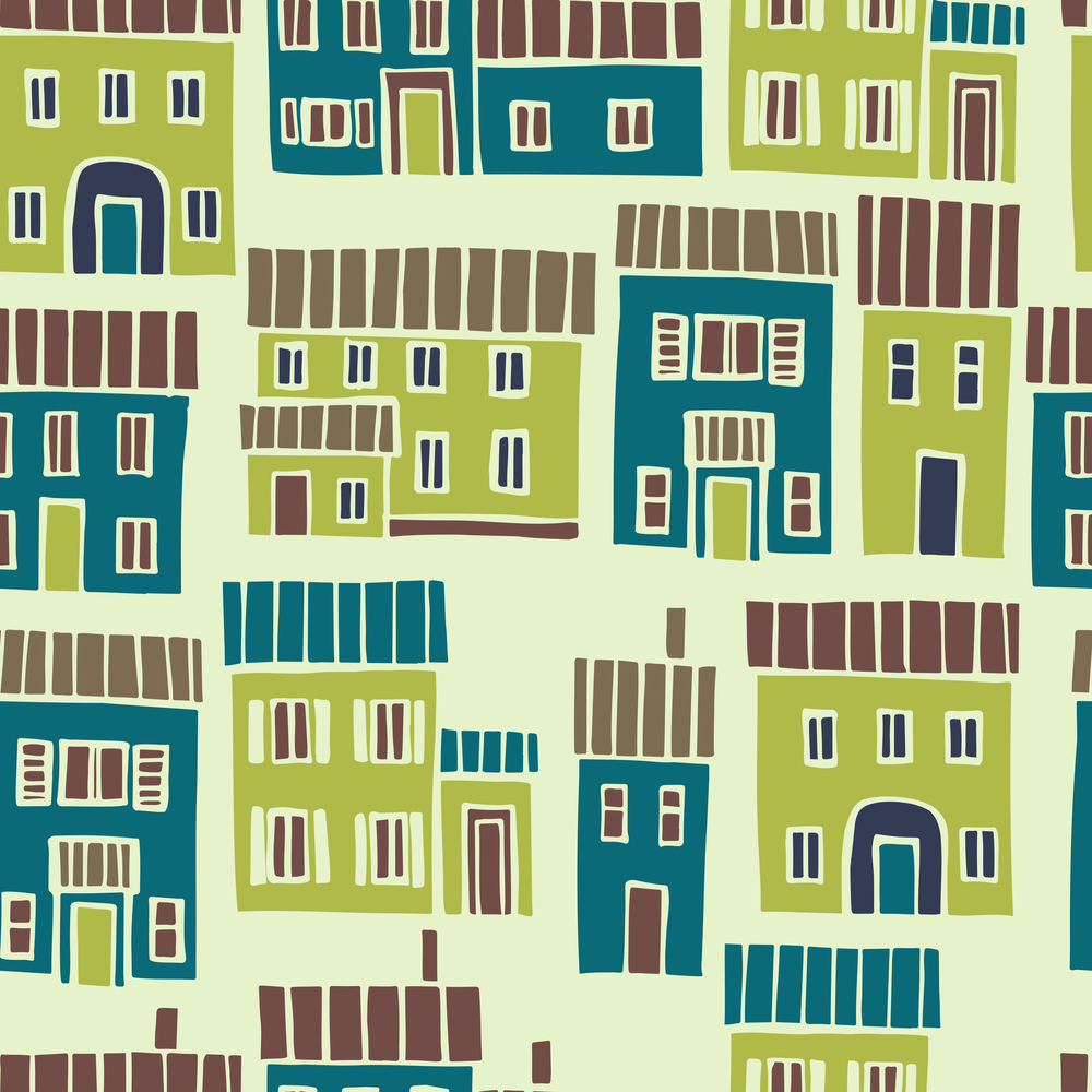 Hand drawn cute  houses.  Vector  seamless pattern.. Vector pattern with  houses.