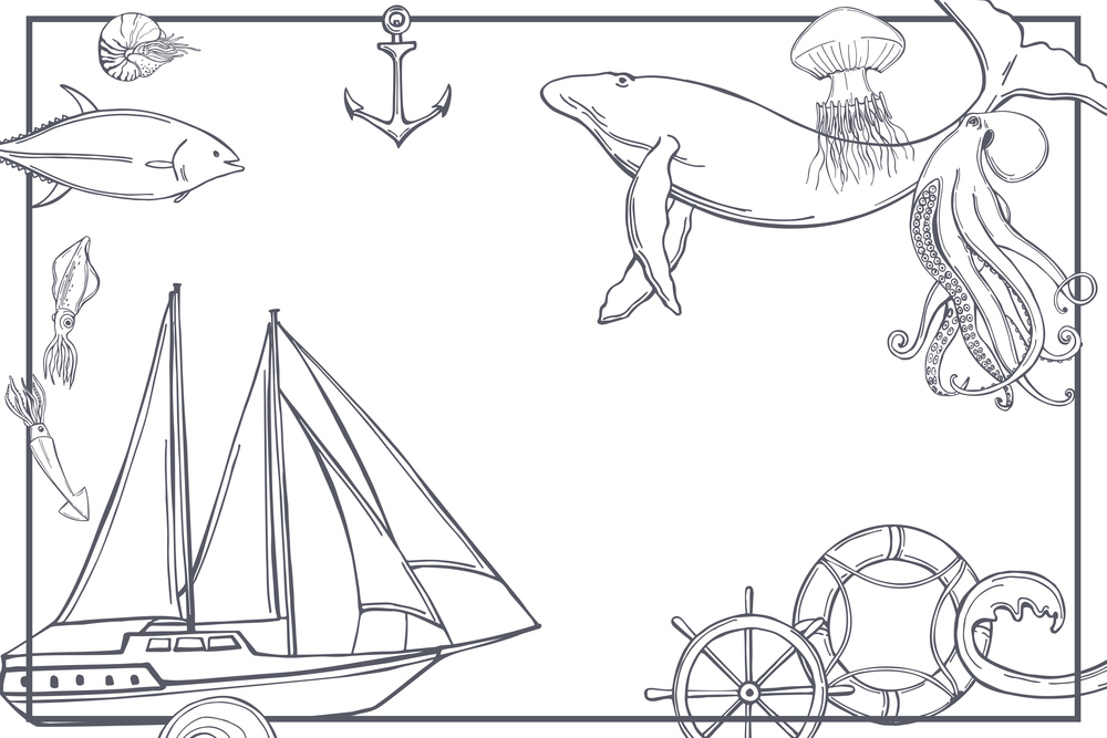 Vector sea background with hand drawn yacht and marine animals.. Vector  background with yacht and marine animals.