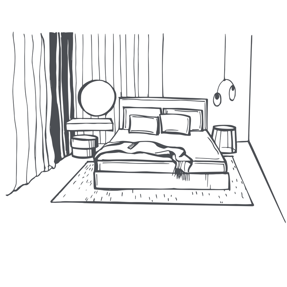 Bedroom interior. Vector sketch  illustration.. Bedroom interior. Vector illustration.