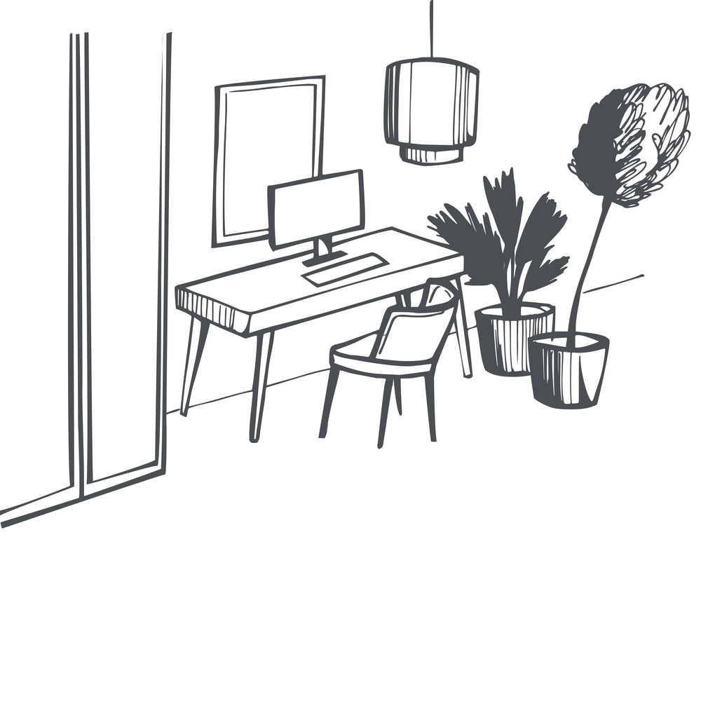 The modern interior of home office. Vector  sketch illustration.. Home office.  Sketch illustration.