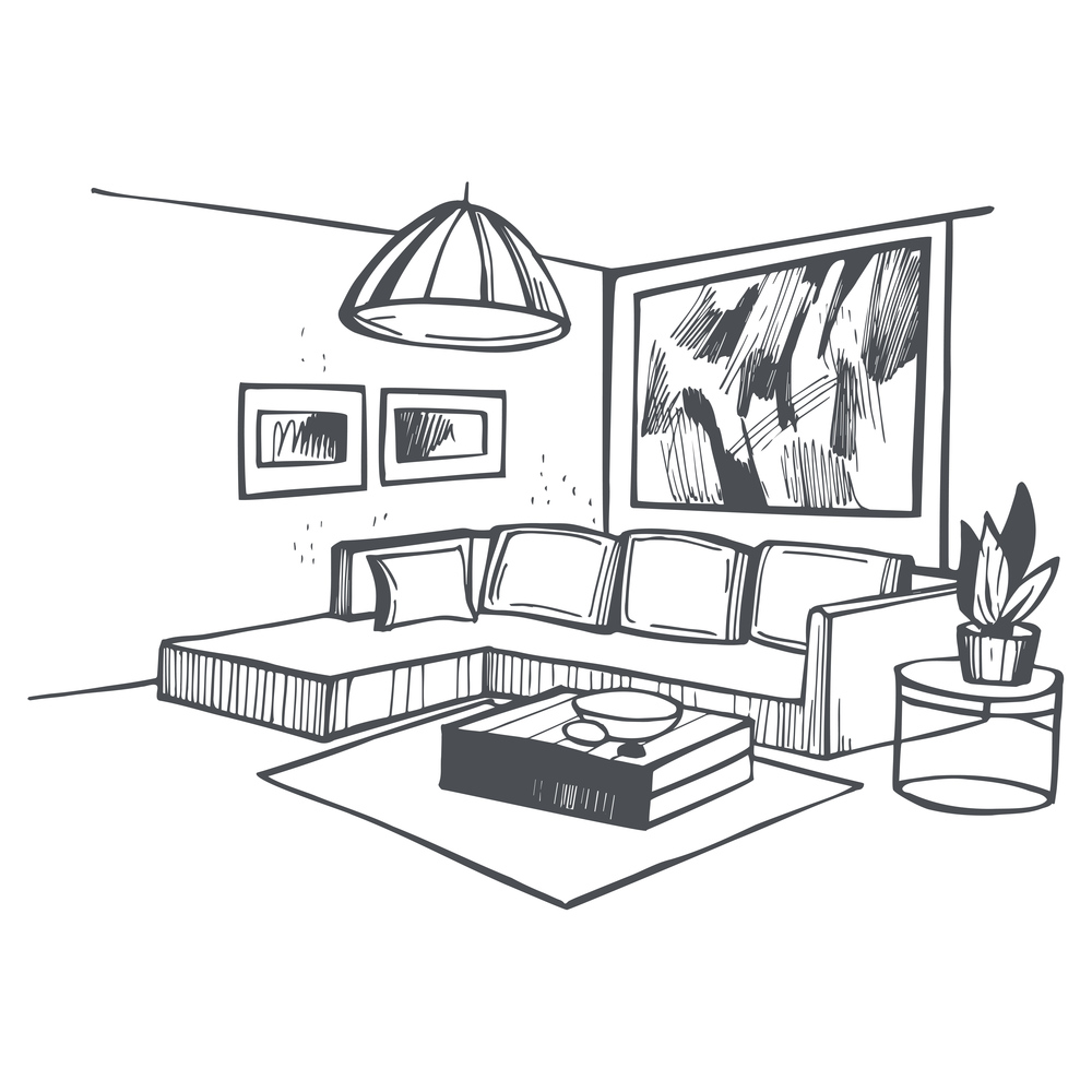 Living room interior. Vector  sketch illustration.. Living room interior.
