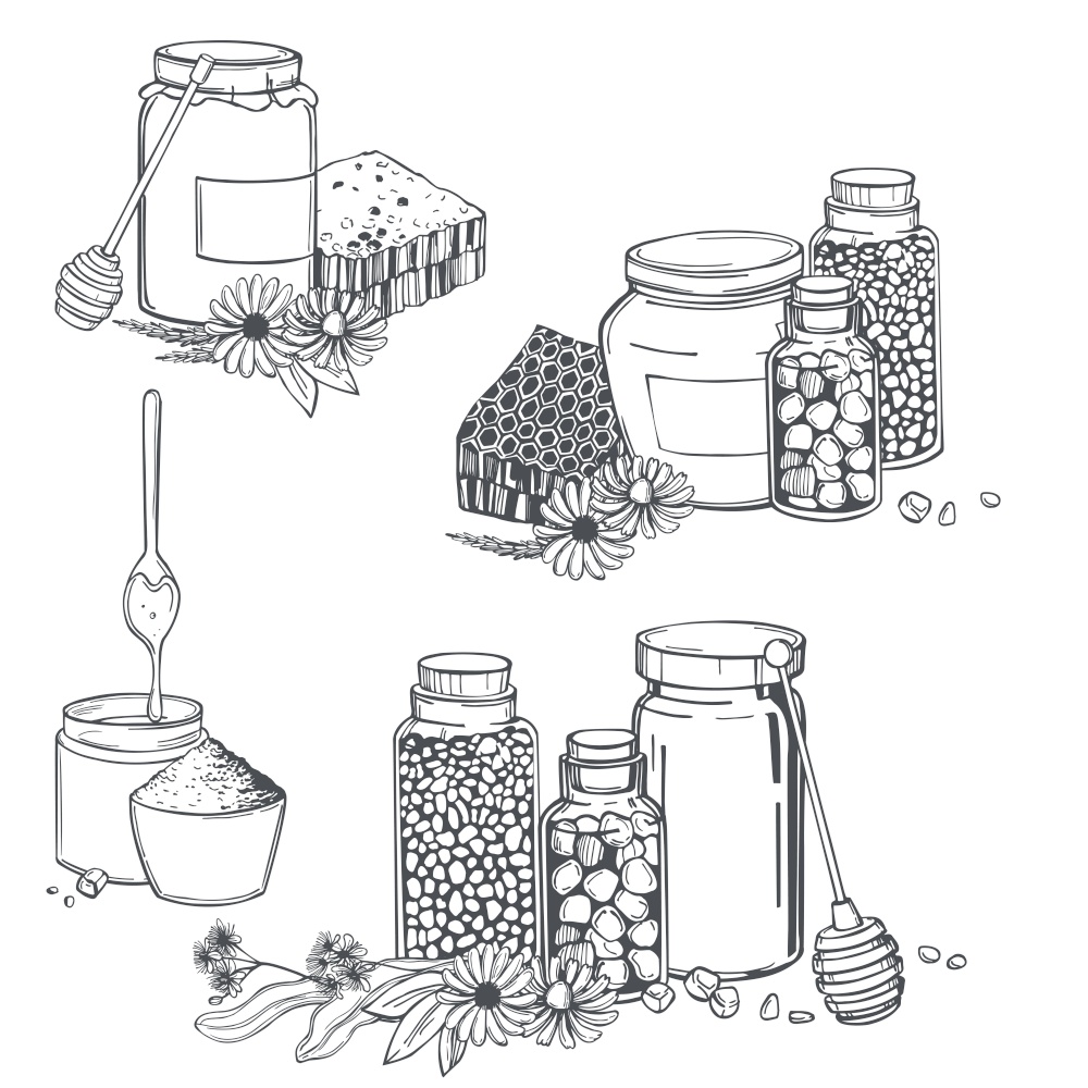 Hand drawn beekeeping  set. Honey, propolis, bee bread. Vector sketch  illustration. . Beekeeping set. Vector illustration.